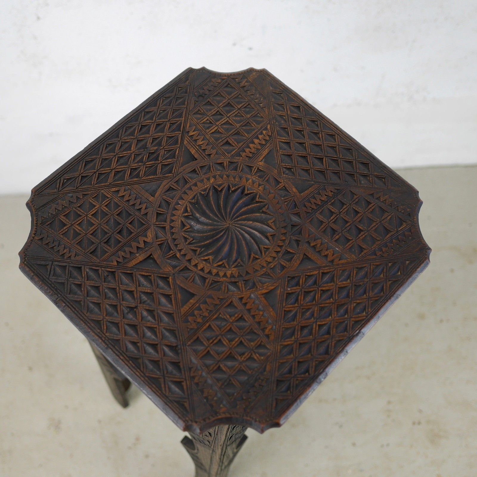 Antique Arts & Crafts Carved Moorish Hard Dark Wood Lamp Side Table #103111 photo vinterior