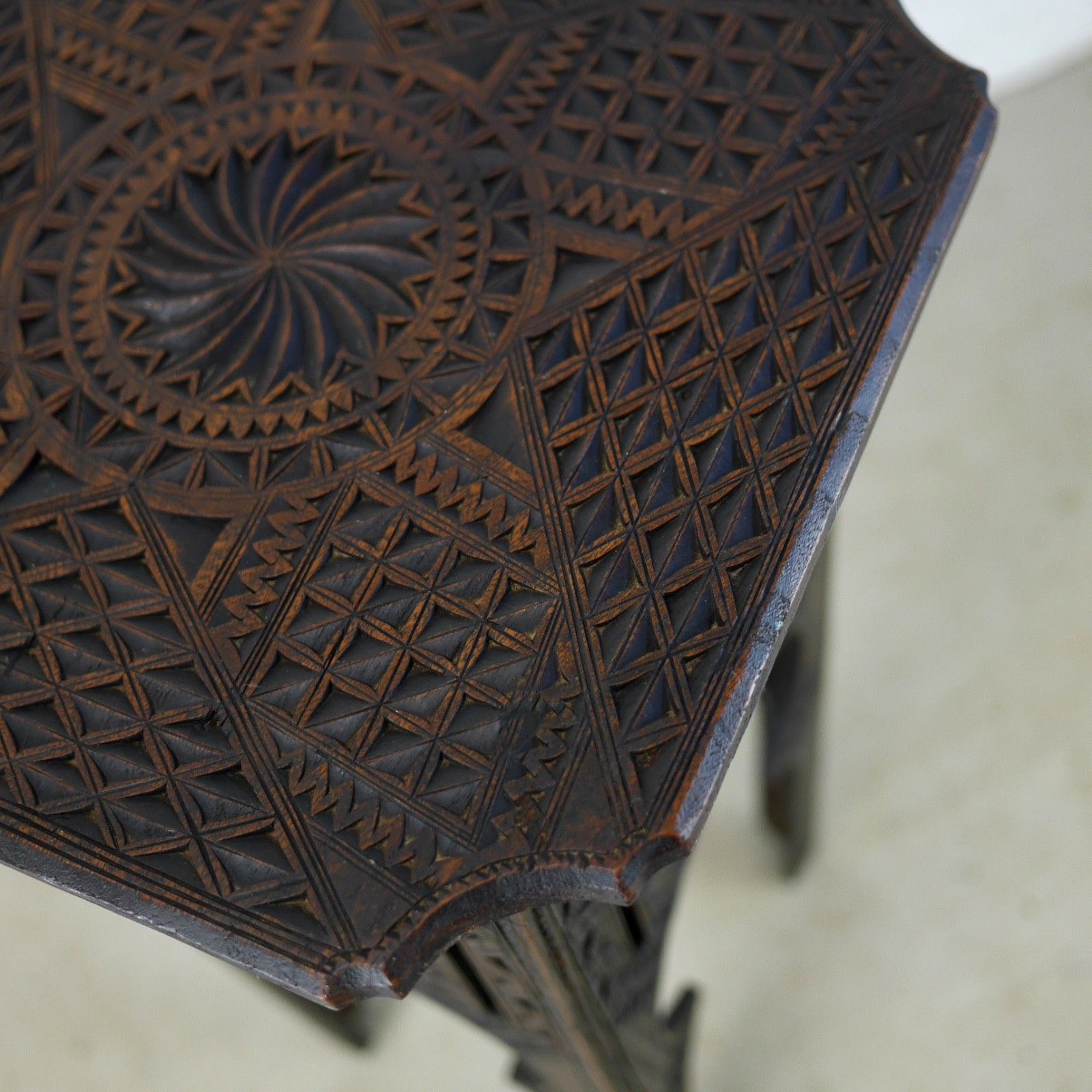 Antique Arts & Crafts Carved Moorish Hard Dark Wood Lamp Side Table #103111 photo vintage