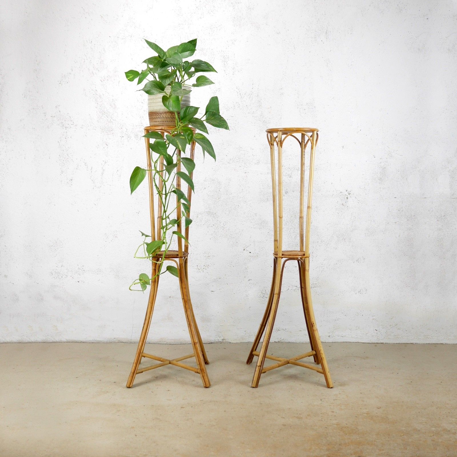 Pair Vintage Tall Bamboo Cane Rattan Plant Stands Jardiniere #103108