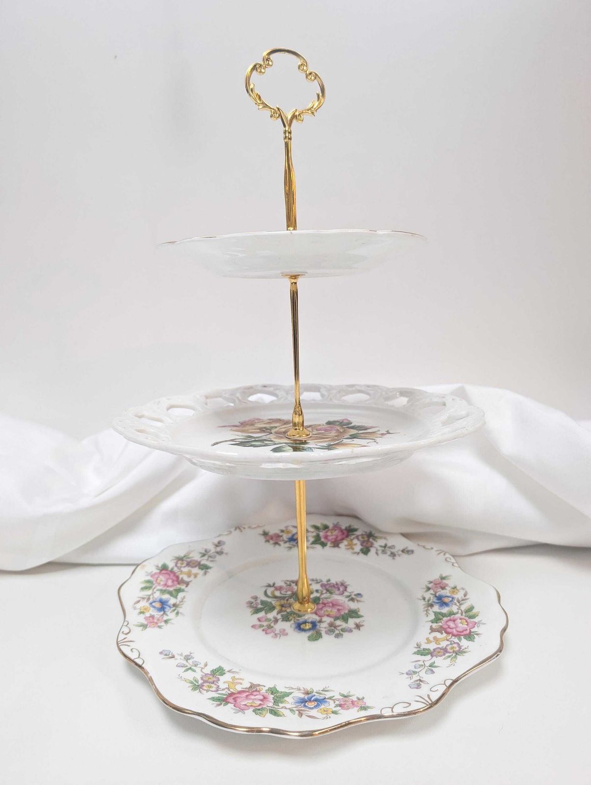 Beautiful Elegant Vintage 3 Tier Cake Stand. Bone China, Bridgerton Style. Made In England photo for sale