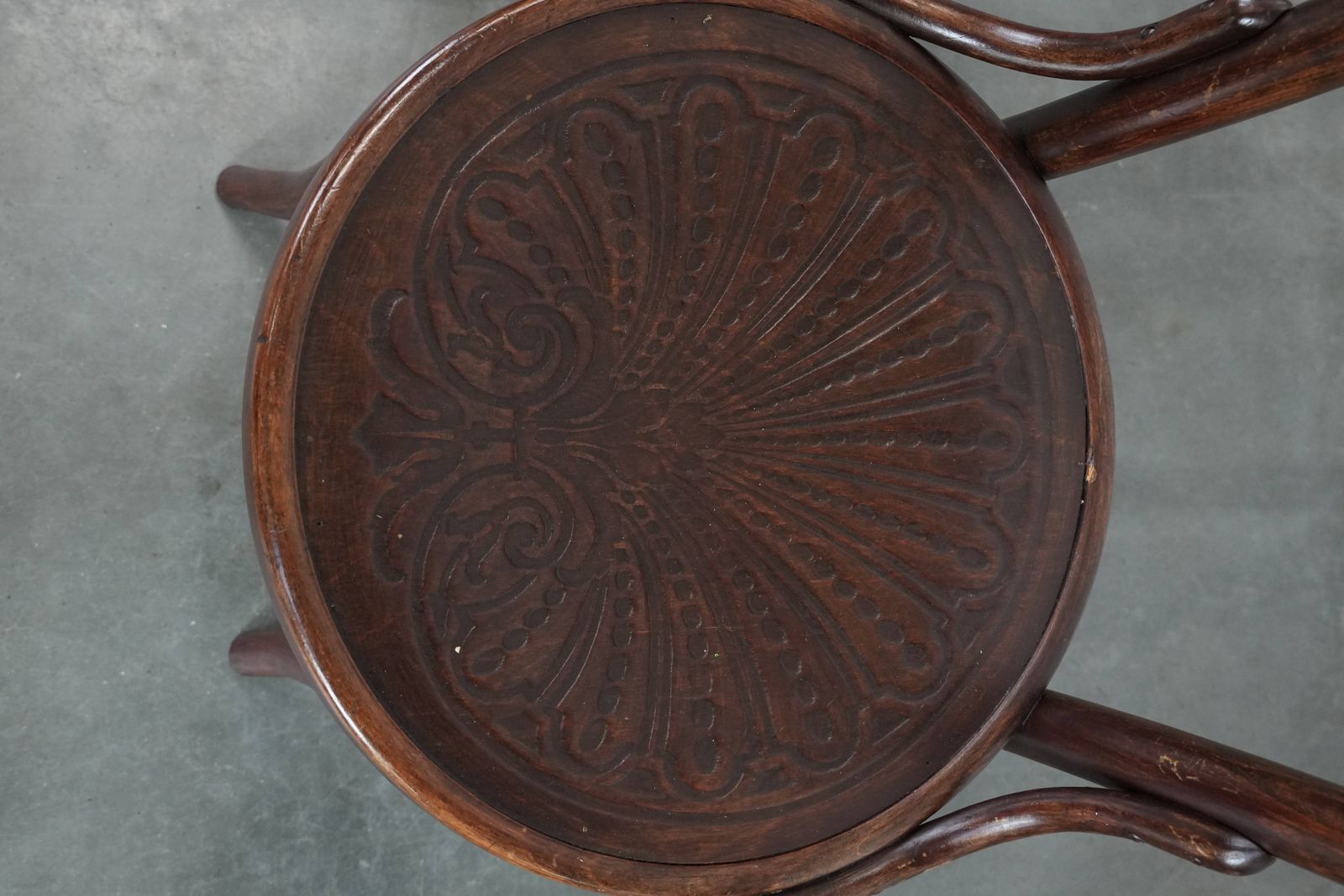 Set Of Four Lovely Timeless Vintage Wooden Cosmos Bistro Design Chairs With Beautiful Carvings And Beautiful Details photo vintage