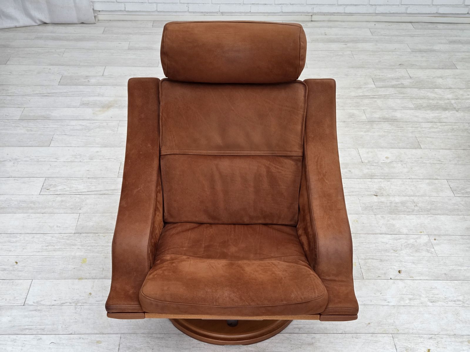 Furniture 1980s, Swedish Swivel Armchair, Nubuck Leather, Canvas, Bent Beech Wood. photo
