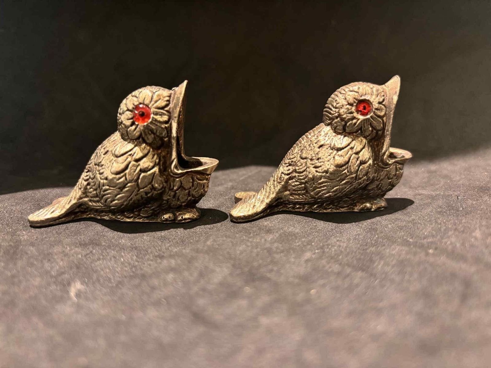 Antique Victorian Brass Bird Match Holders | Red Glass Eyes, English Metalware photo vintage