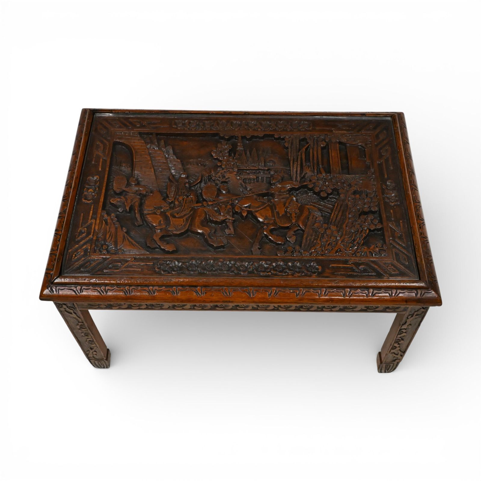 photo furniture Small Chinese Coffee Table Carvings Inset Glass Top Carvings