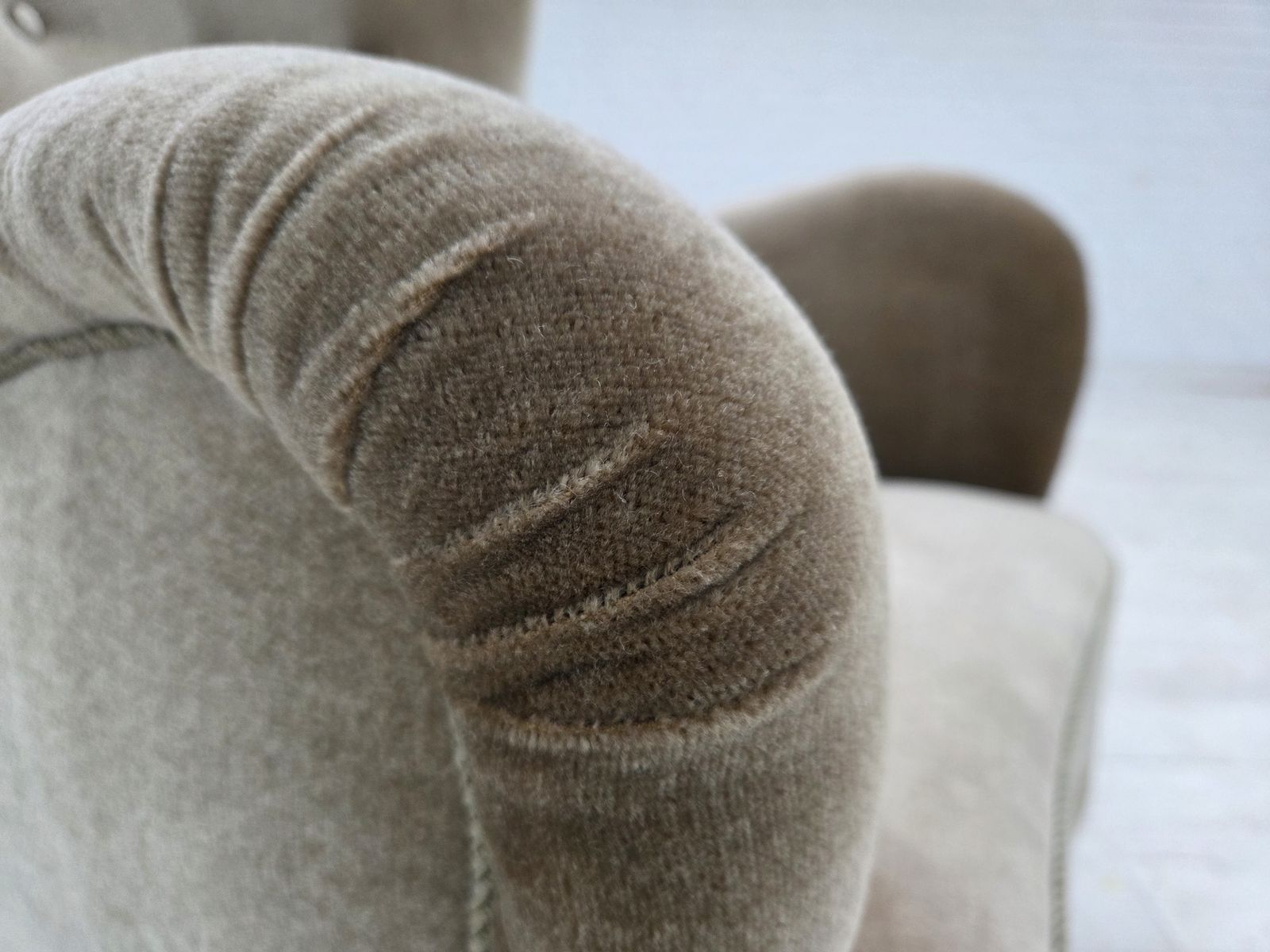 1960s, Danish Armchair, Green Furniture Velour, Oak Wood Legs. photo 1570.0