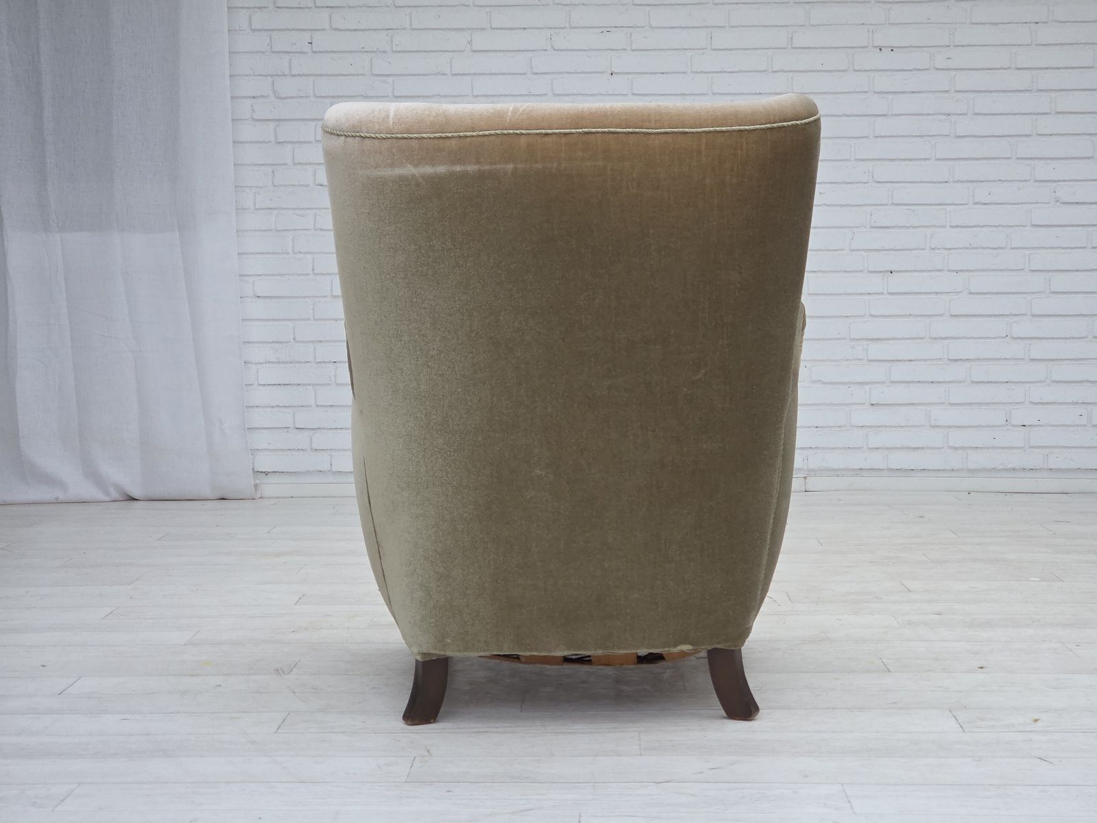 1570.0 1960s, Danish Armchair, Green Furniture Velour, Oak Wood Legs. photo