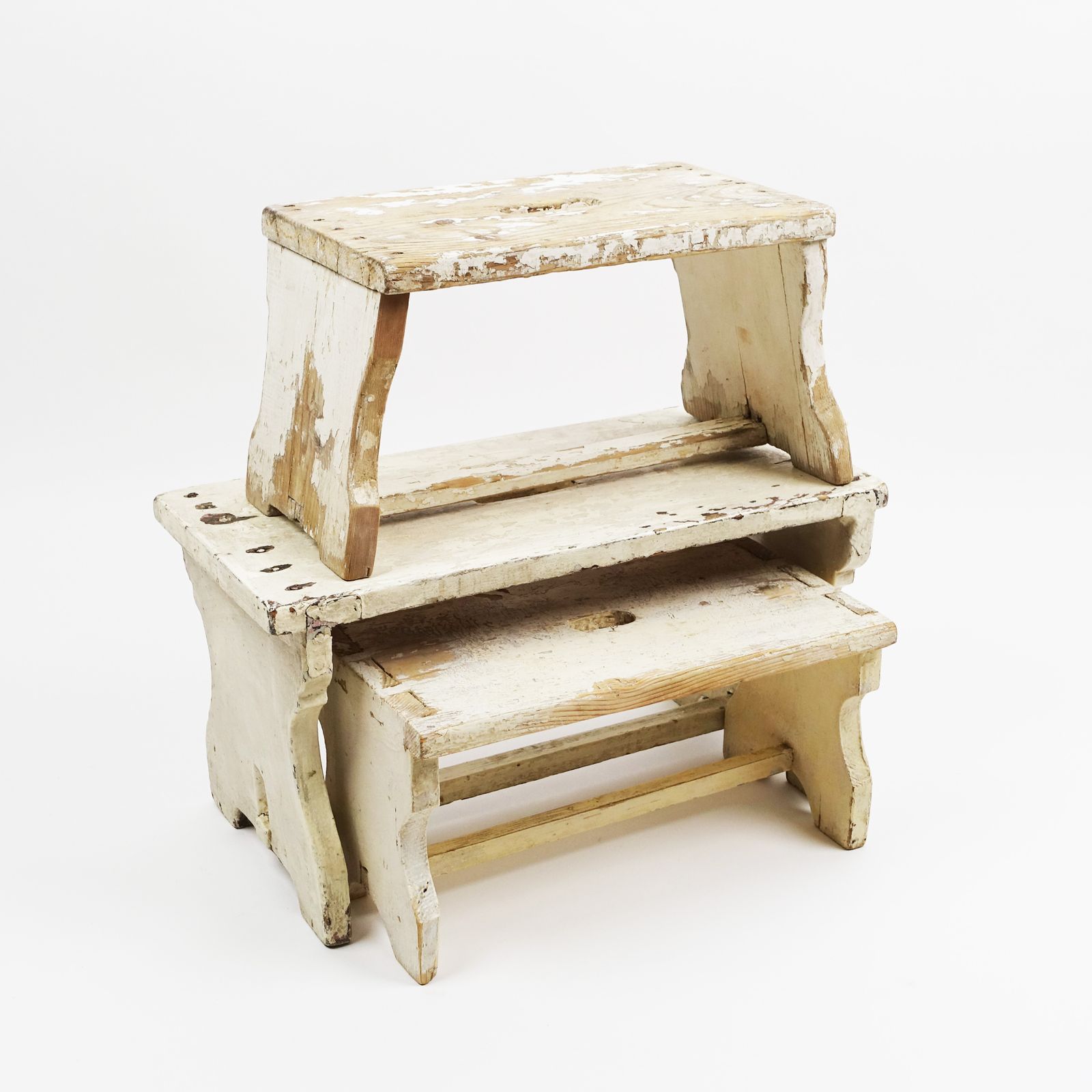 Set Of 3 Primitive Wooden Farmhouse Stools, 1930s