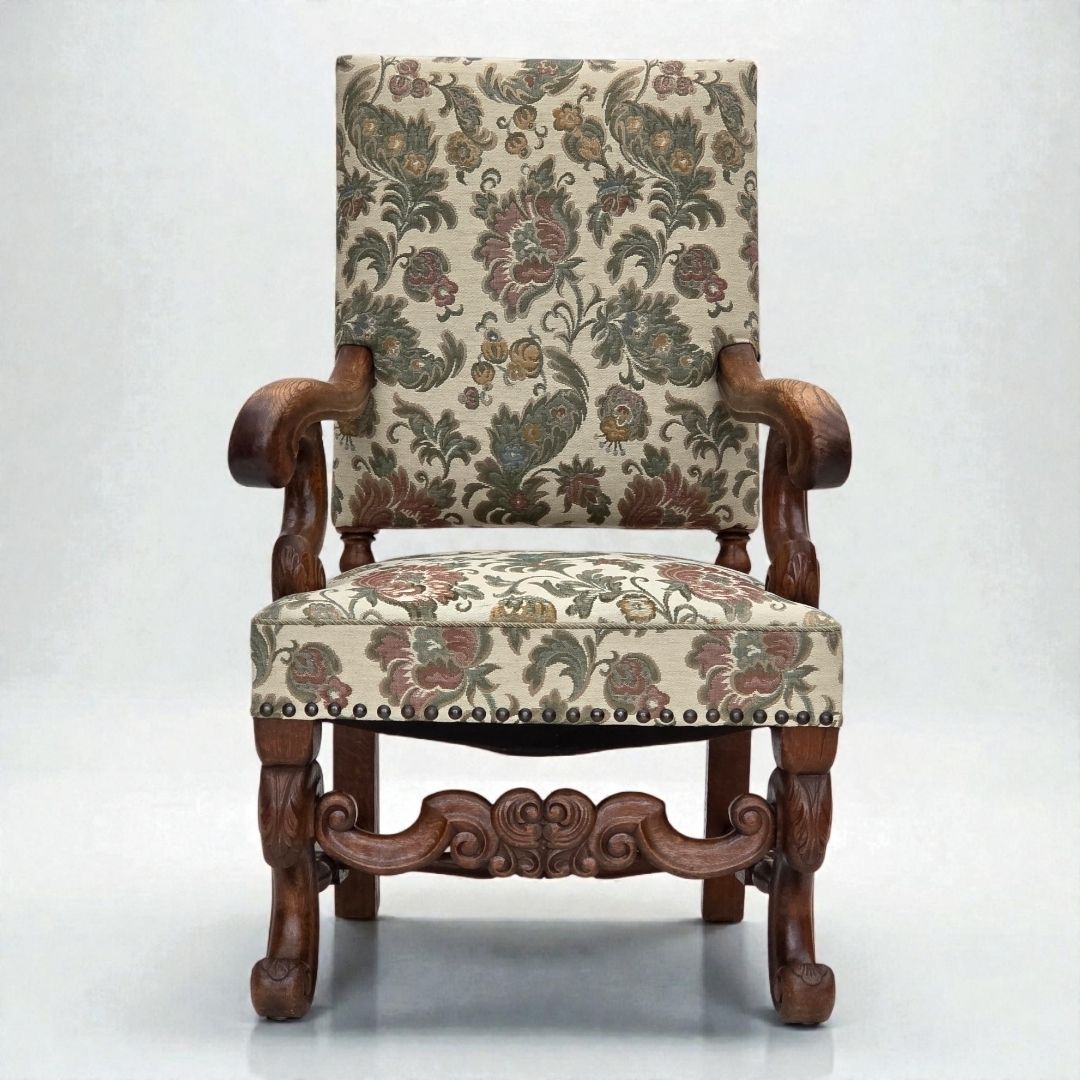 1950s, Scandinavian Highback Armchair, Furniture Fabric, Hand Carved Oak Wood.