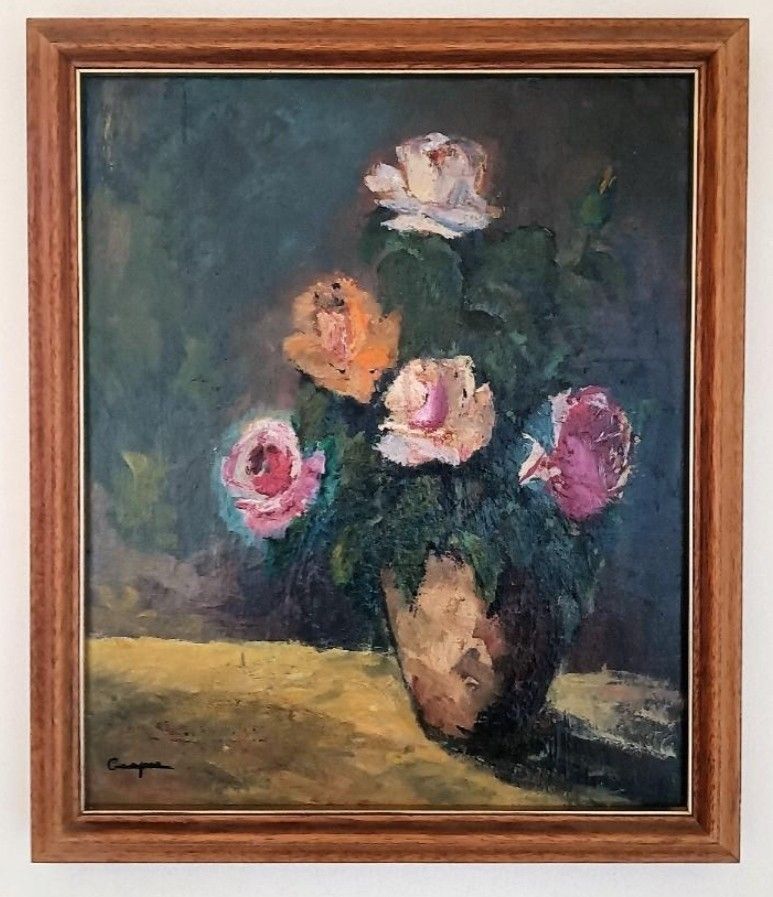 Antique Oil Painting Still Life Bouquet Of Pink Flowers Impressionist 20th Century