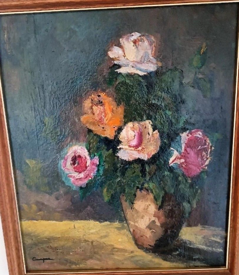 Antique Oil Painting Still Life Bouquet Of Pink Flowers Impressionist 20th Century photo buy
