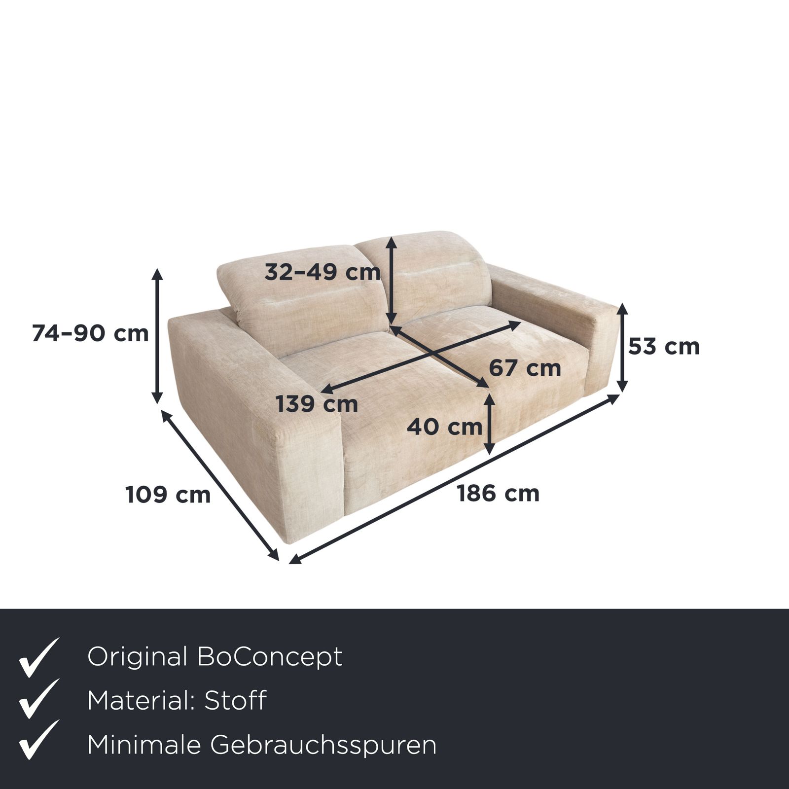 Canapé BoConcept Hampton 2 places en tissu beige, fonction manuelle photo furniture