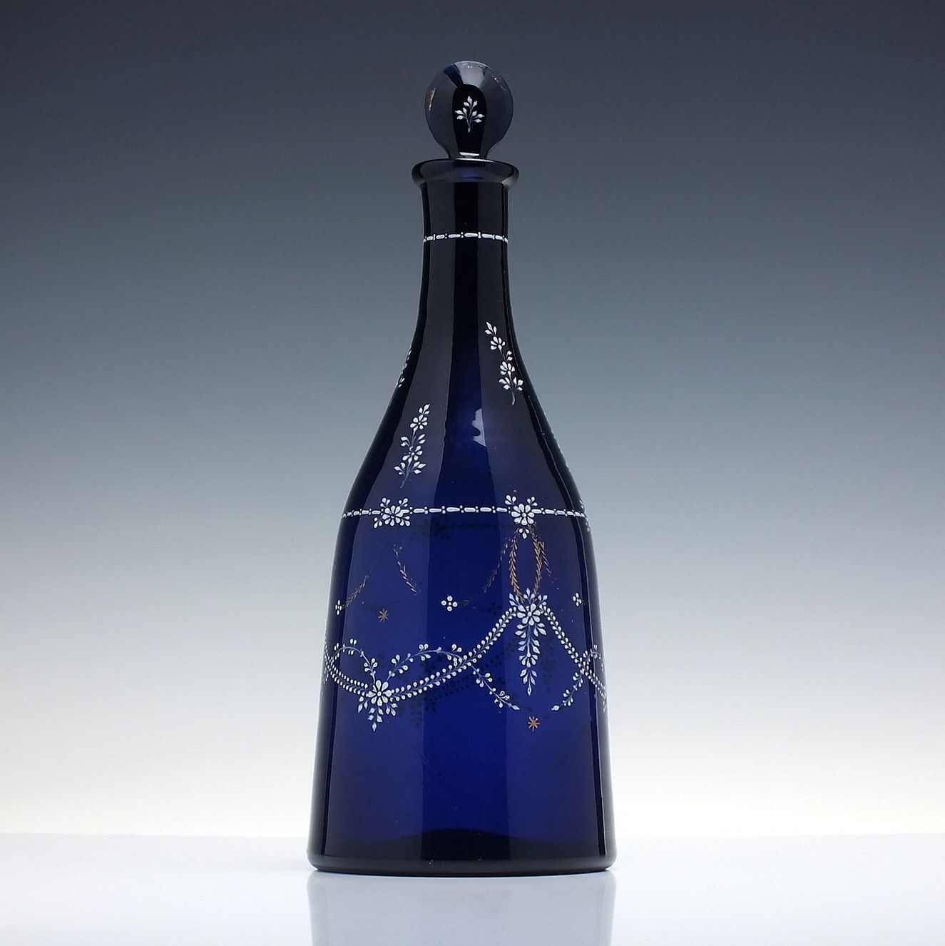 19th Century Enamelled Bohemian Blue Glass Taper Decanter C1820 30