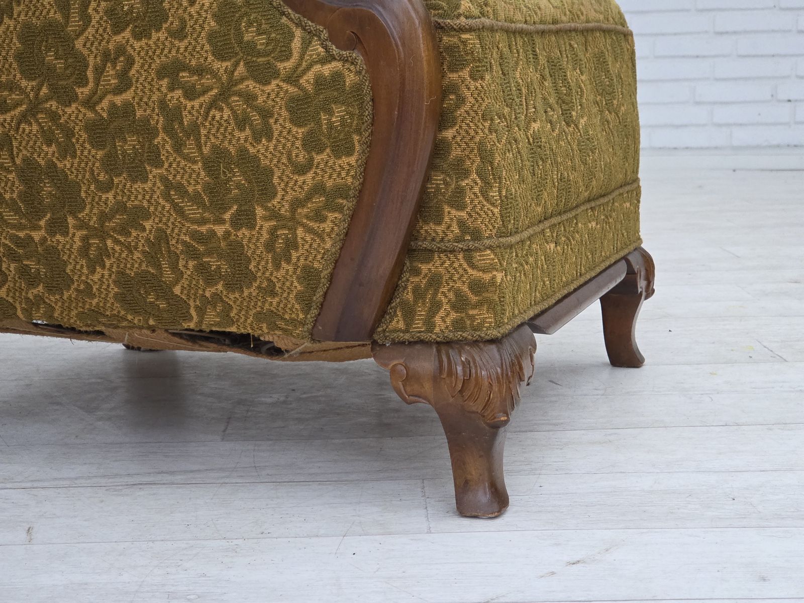 1950s, Danish Armchair, Furniture Wool, Hand Carved Oak Wood. photo Furniture
