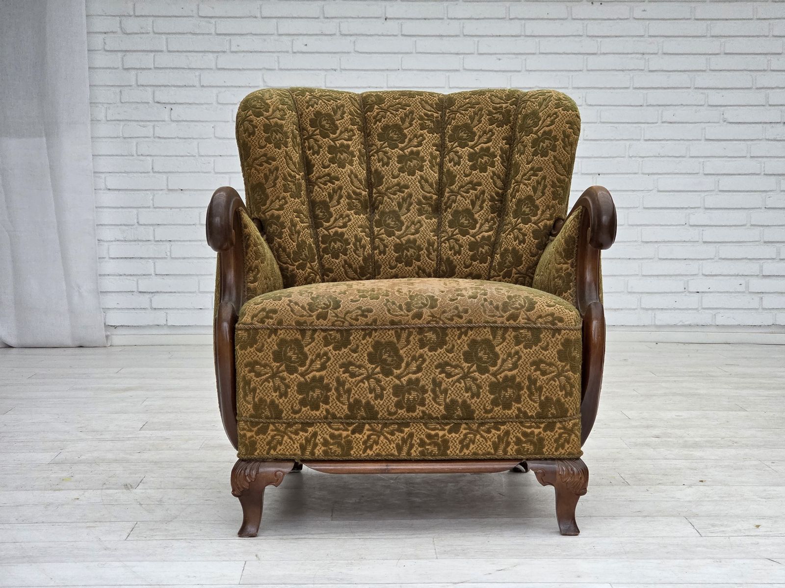 photo for sale 1950s, Danish Armchair, Furniture Wool, Hand Carved Oak Wood.