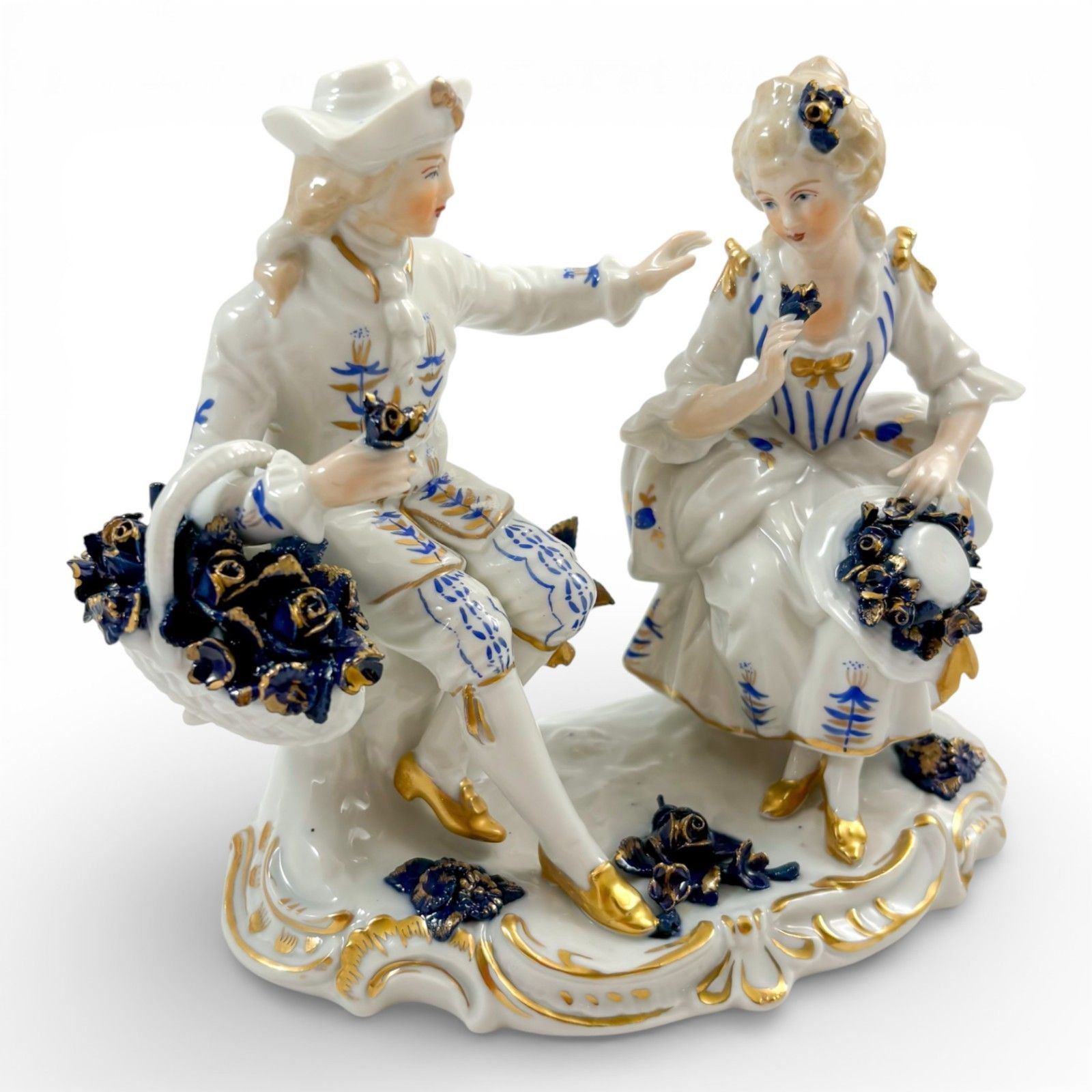 Sitzendorf Porcelain Romantic Couple Group, Cobalt Blue Flowers & Gilt, C.1940s