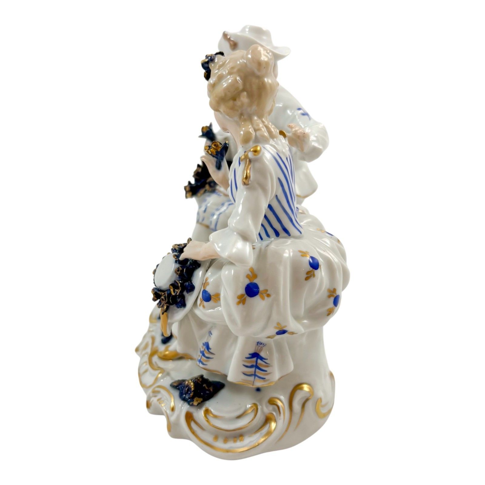 Sitzendorf Porcelain Romantic Couple Group, Cobalt Blue Flowers & Gilt, C.1940s photo for sale
