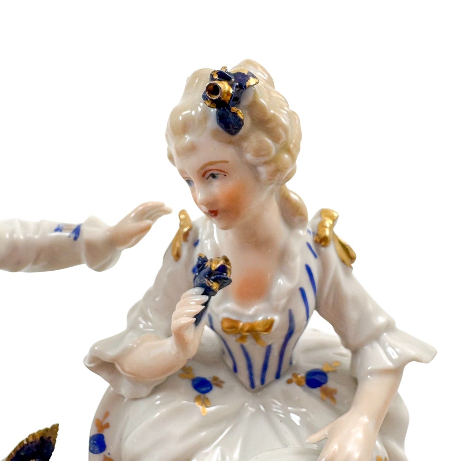 photo furniture Sitzendorf Porcelain Romantic Couple Group, Cobalt Blue Flowers & Gilt, C.1940s