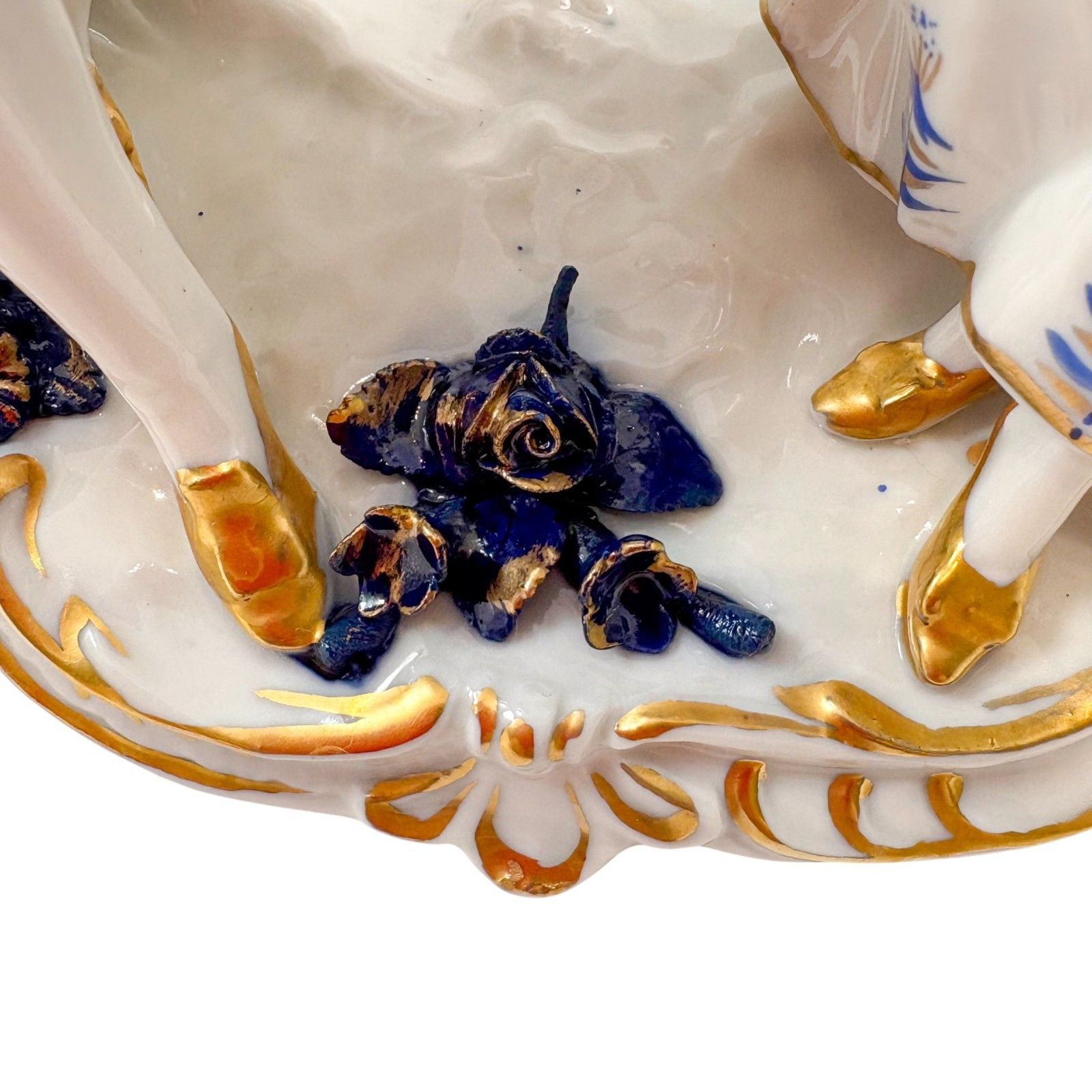 photo for sale Sitzendorf Porcelain Romantic Couple Group, Cobalt Blue Flowers & Gilt, C.1940s