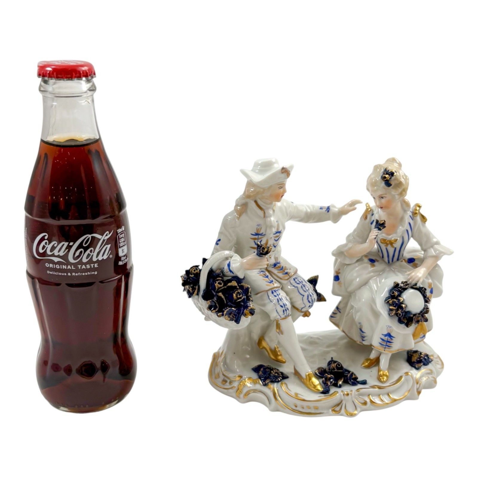 photo buy Sitzendorf Porcelain Romantic Couple Group, Cobalt Blue Flowers & Gilt, C.1940s