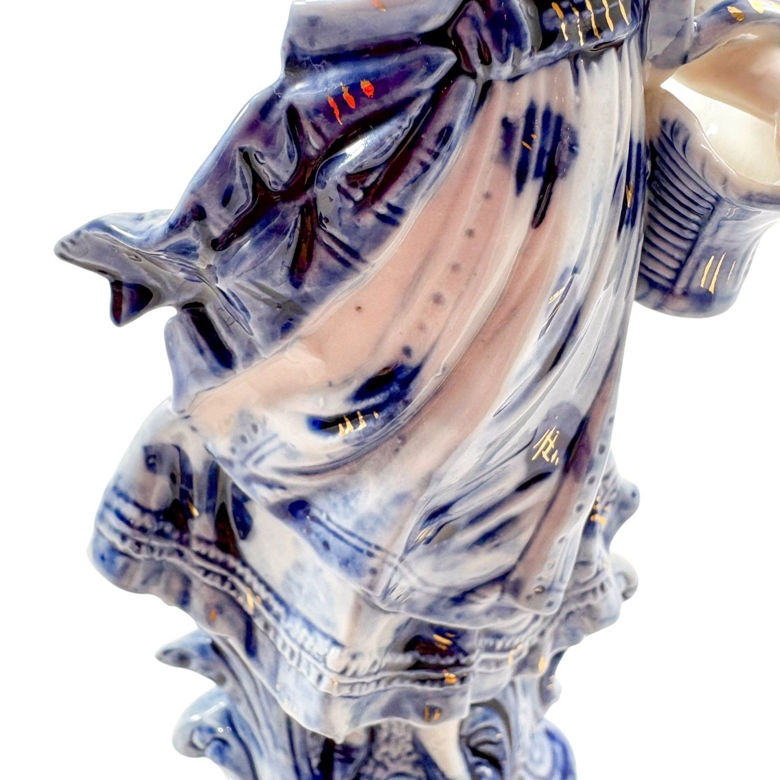 photo for sale Antique Dresden Porcelain Lady Figure With Basket, Blue And White, 19th Century