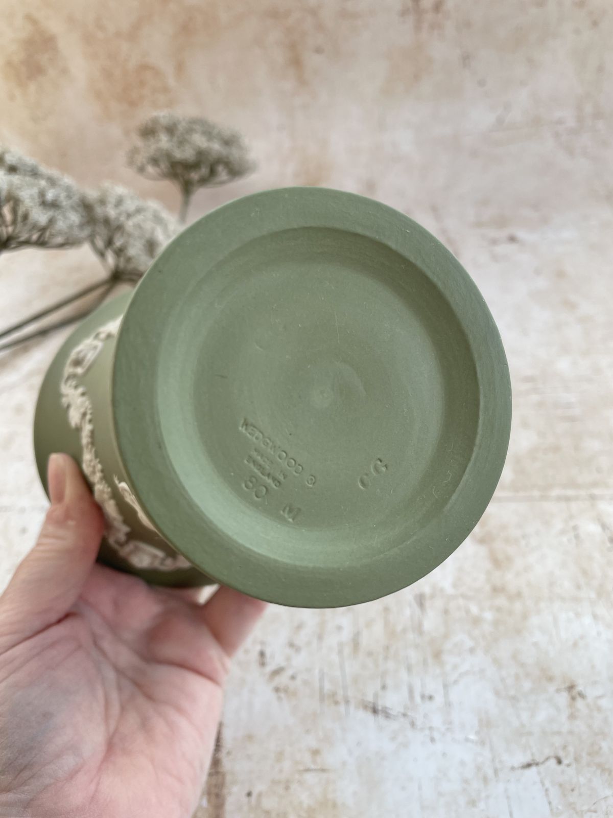 Vintage Wedgwood Sage Green Jasperware Trumpet Vase With Flower Frog | Classical Relief photo Home Decor