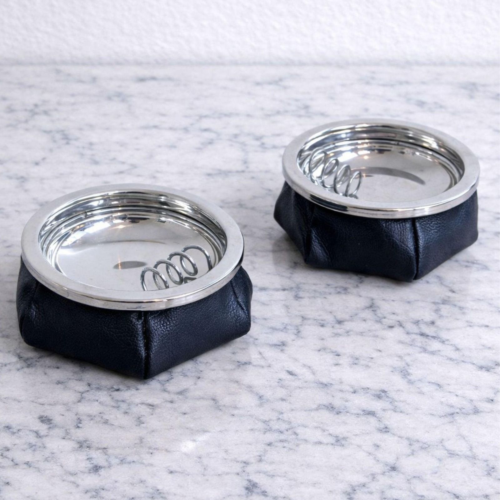 Pair Of 1970s Italian Ashtrays In Black Leather And Metal photo furniture