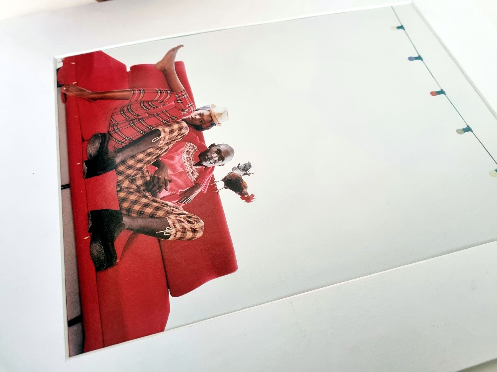 Mounted Editorial Fashion Photograph, Red Sofa Studio Scene, 1990s Magazine Image photo Art