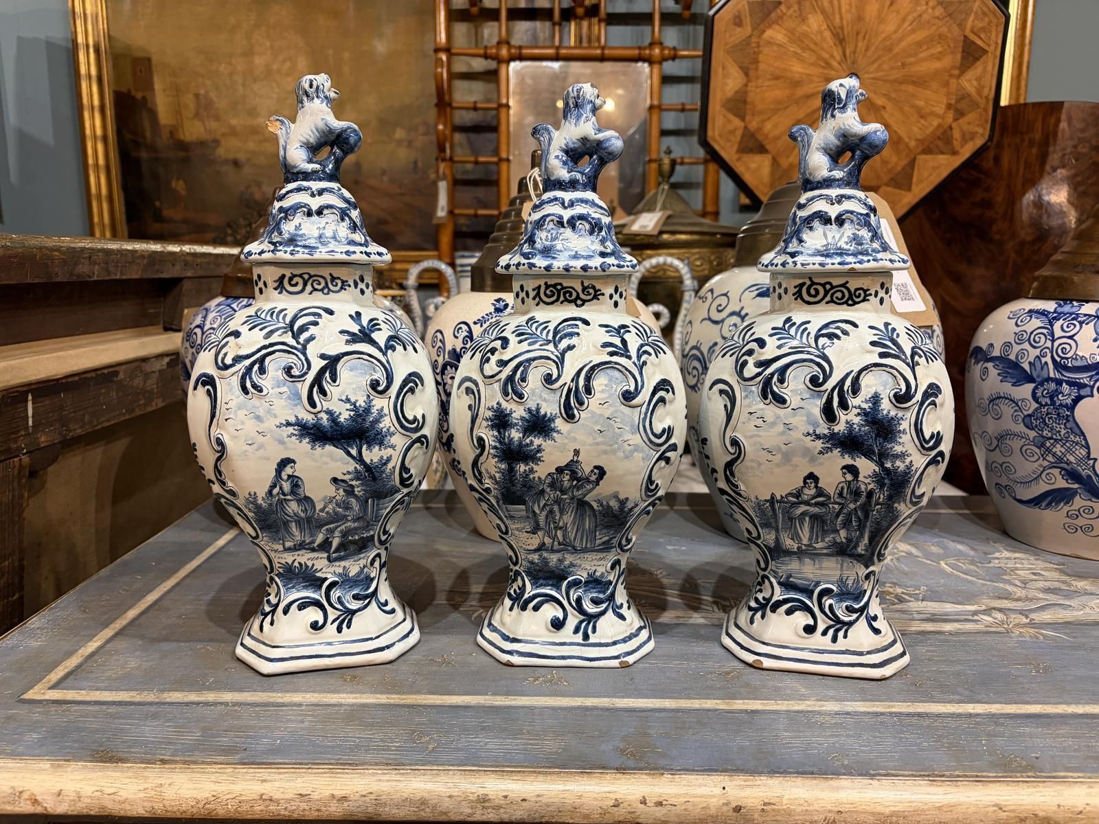 Trio Of Dutch 19th Century Delft Lidded Vases photo furniture