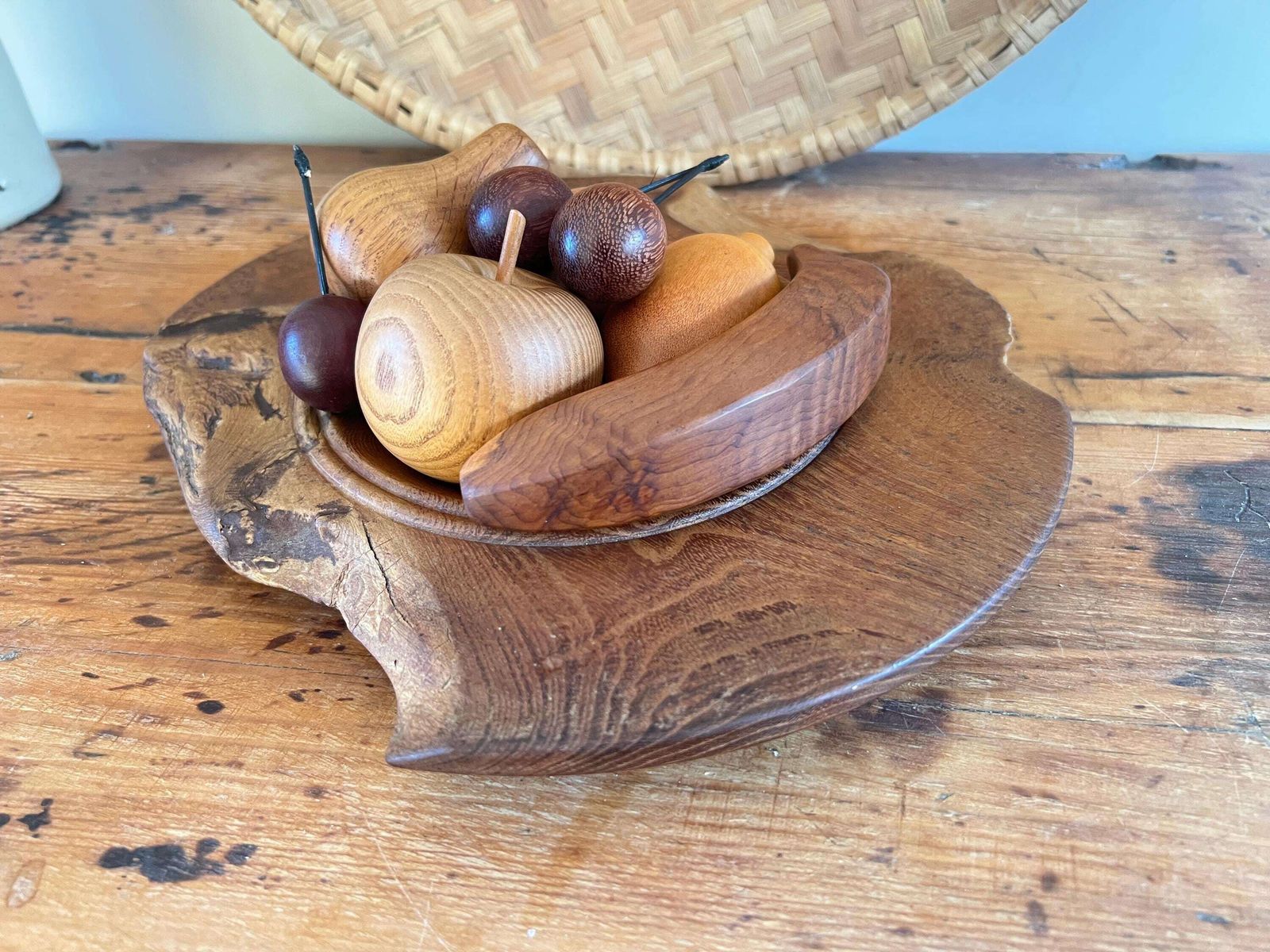 Vintage Hand Turned Wood Fruit & Bowl Set | John Lowe Acacia Burl Bowl David Gliddon Fruit | Mid Century Studio Woodcraft | 7 Piece Set