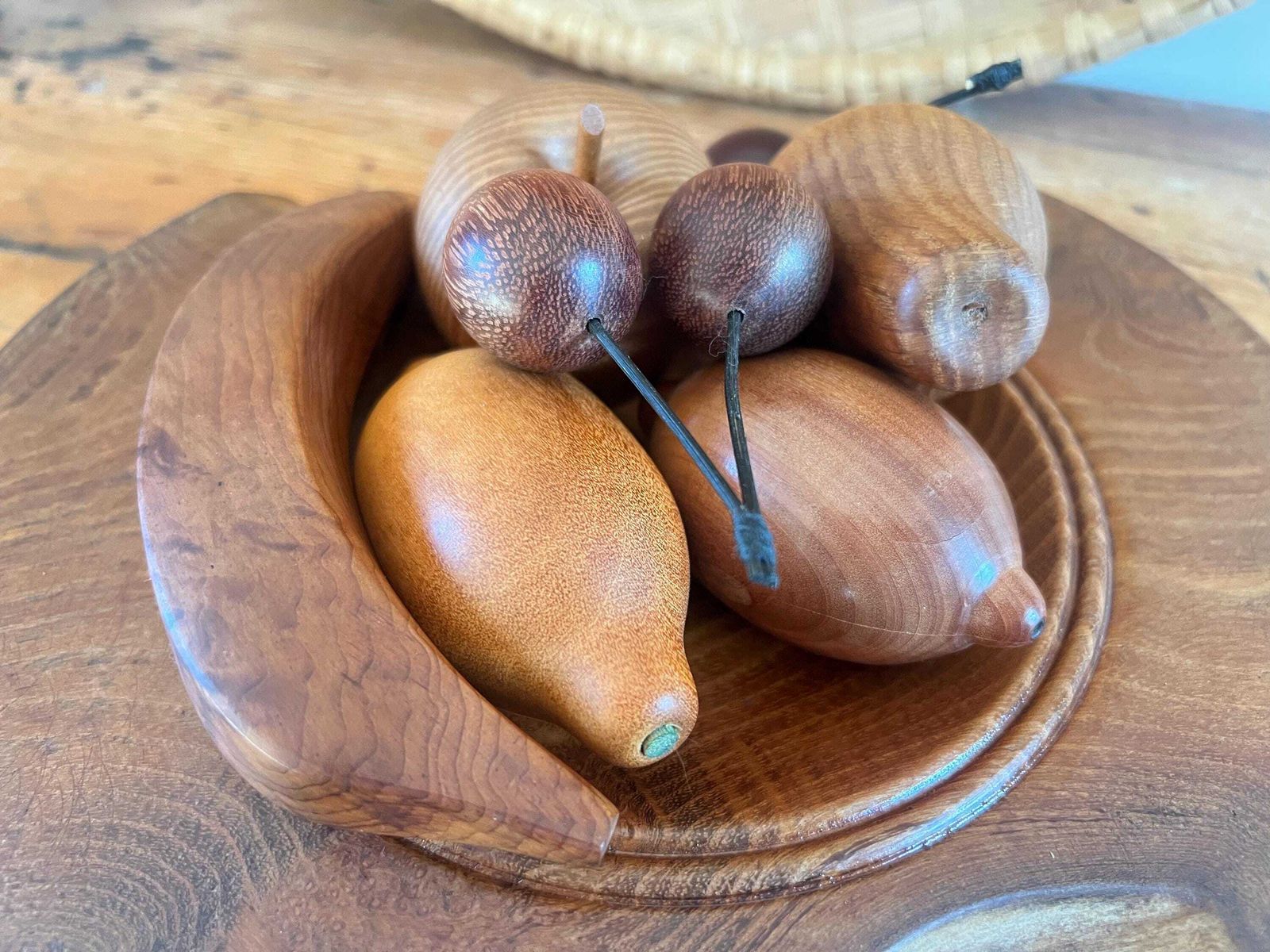 Vintage Hand Turned Wood Fruit & Bowl Set | John Lowe Acacia Burl Bowl David Gliddon Fruit | Mid Century Studio Woodcraft | 7 Piece Set photo 160.0