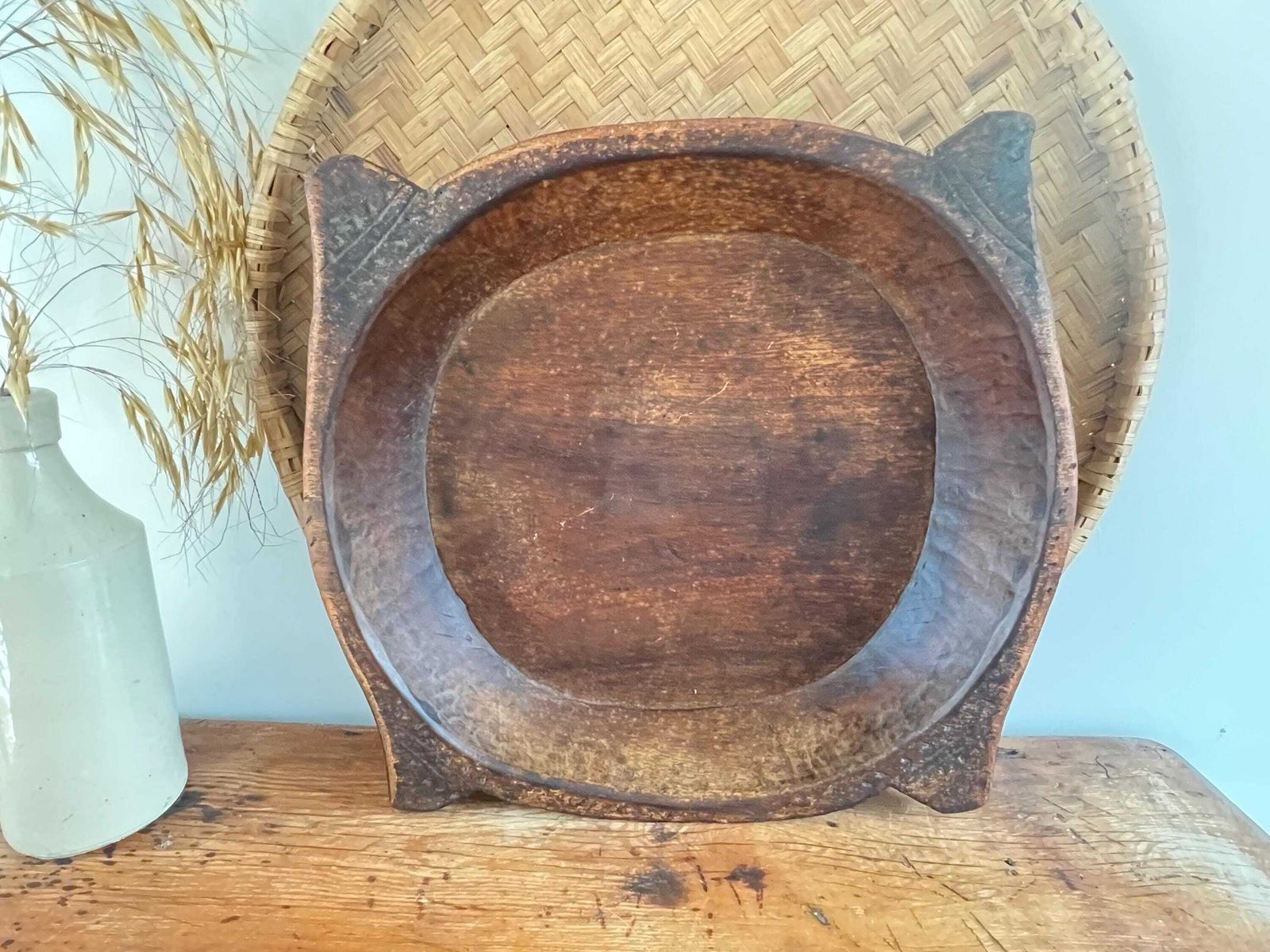 Antique Dark Wood Parat Bowl, Large Hand Carved Indian Dough Bowl, Primitive Teak Treenware, Wabi Sabi Rustic Table Centrepiece 19th Century photo Home Decor