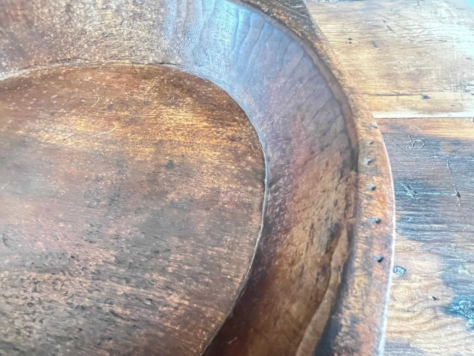 photo for sale Antique Dark Wood Parat Bowl, Large Hand Carved Indian Dough Bowl, Primitive Teak Treenware, Wabi Sabi Rustic Table Centrepiece 19th Century