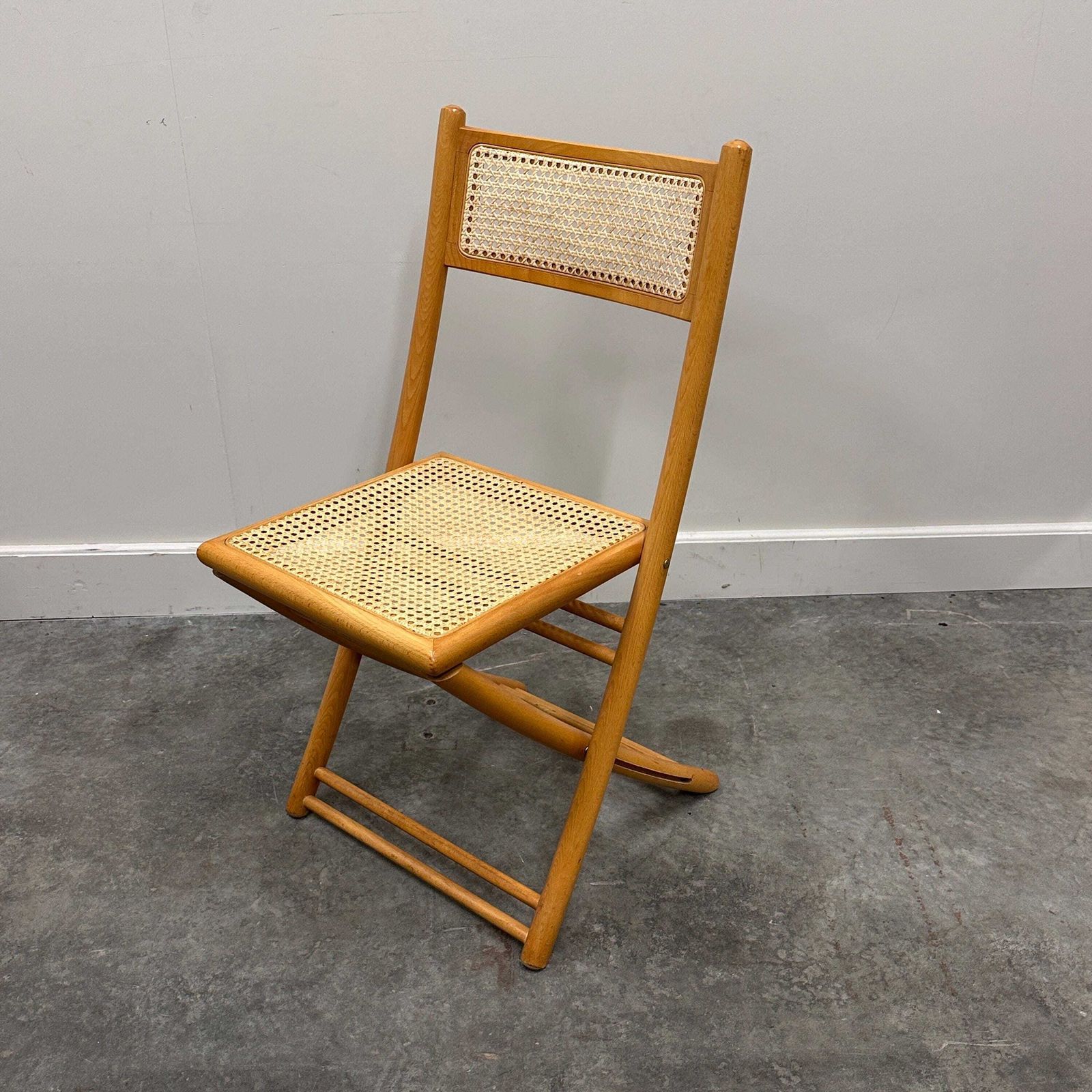 Furniture Rare Set Of Four Belgian Folding Chairs In Solid Wood And Hand Woven Cane, Mid Century. photo