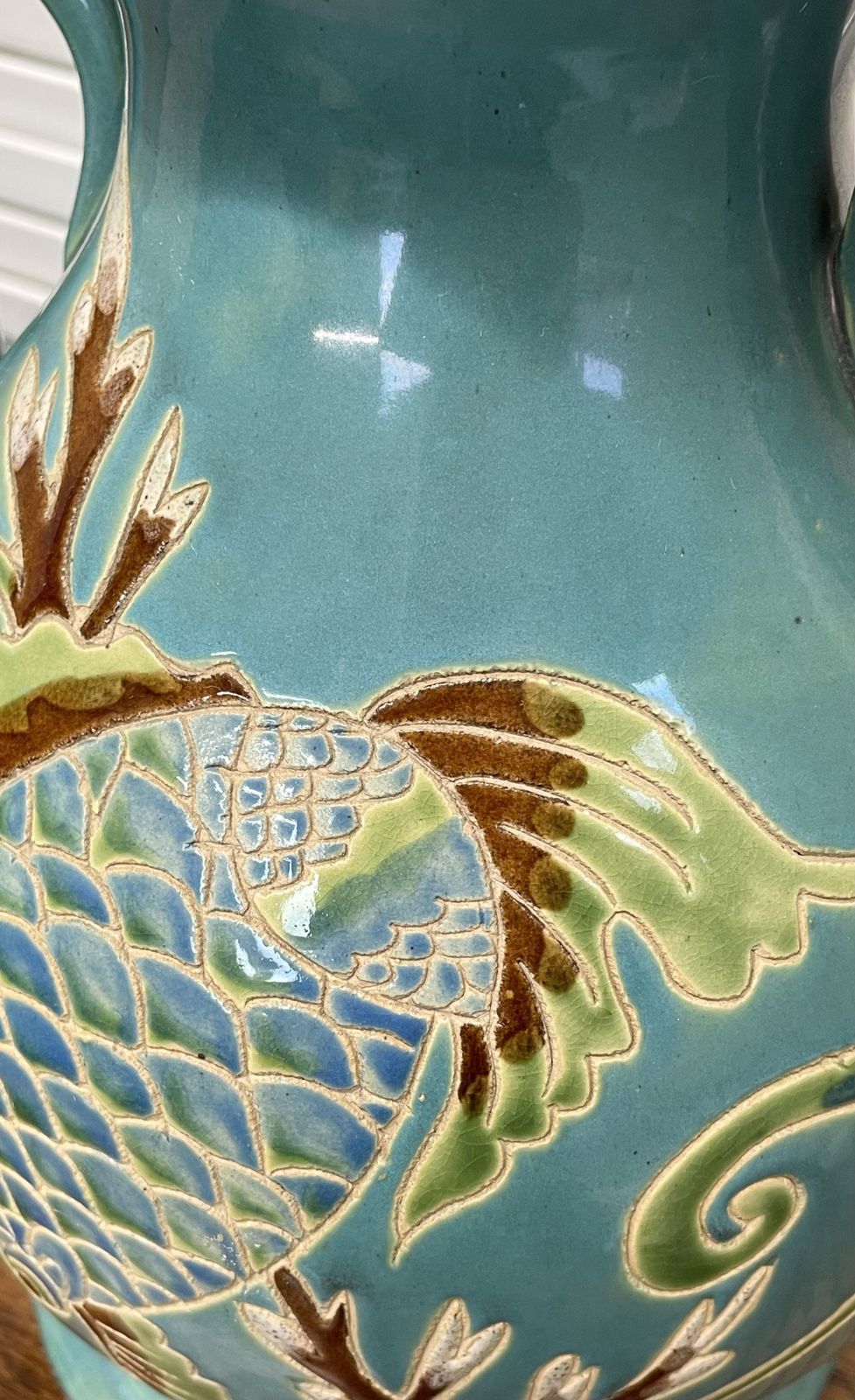 Large Oriental Teal Lustre Vase With Incised Fish Decoration photo buy