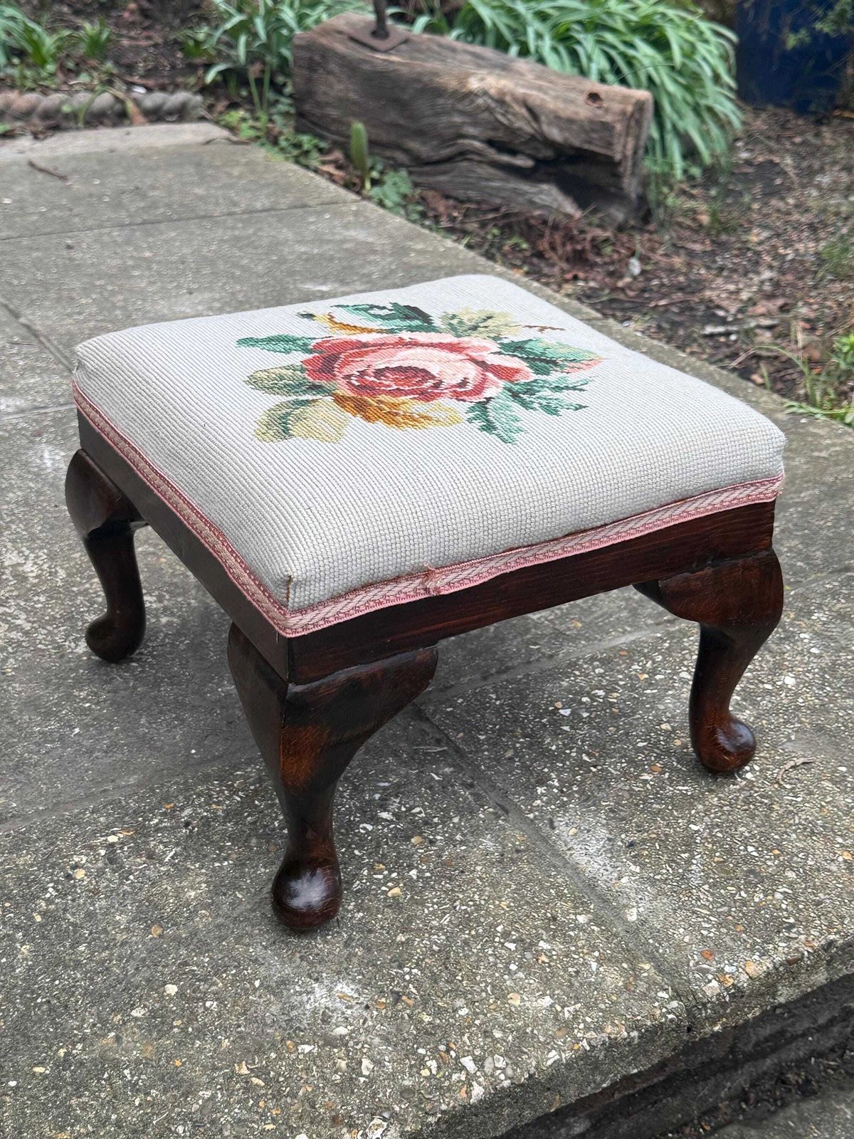 photo buy Vintage Rose Floral Needlepoint Upholstered Footstool With Cabriole Legs, Traditional Style Fireside Stool, C.1970s–1980s