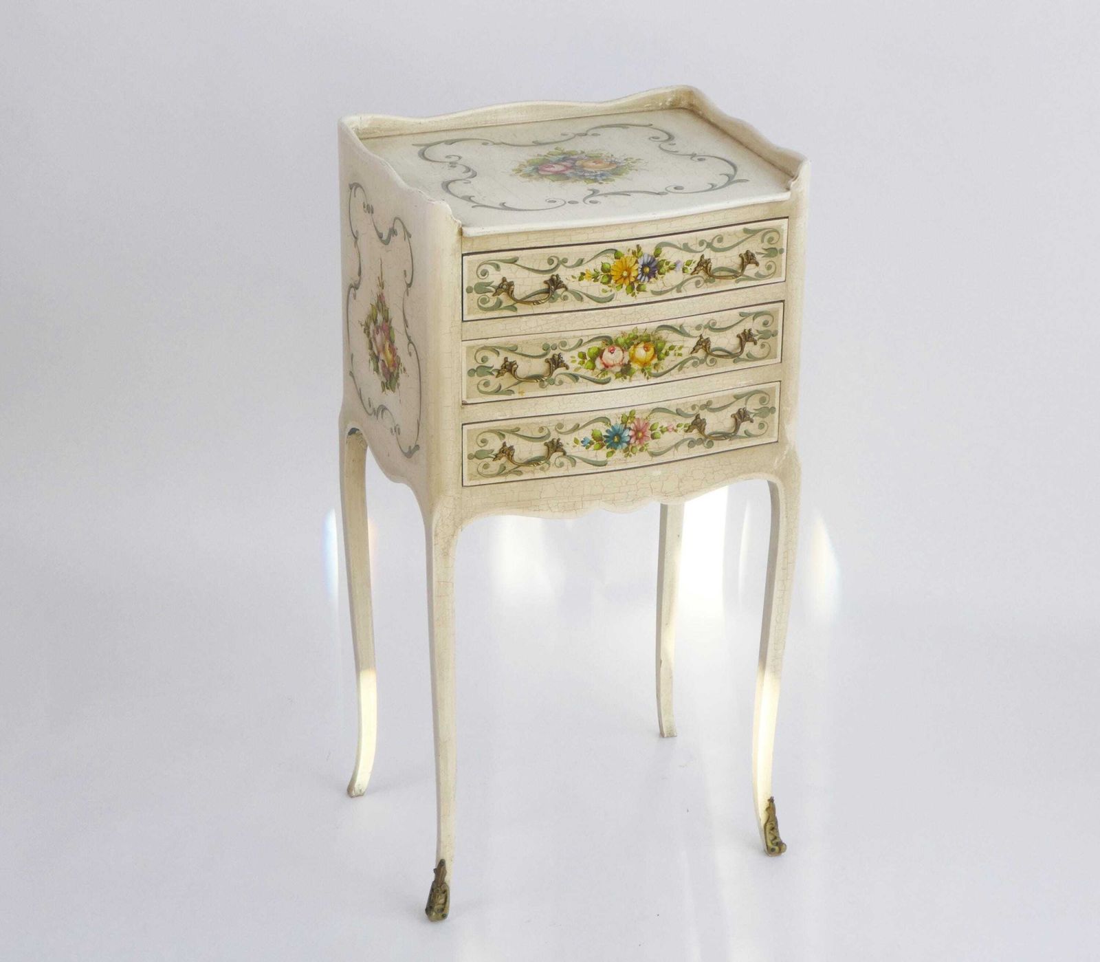 Antique Louis XV Hand Painted Chest Of Drawers, Floral Venetian Nightstand With Drawers, Small Chest photo furniture