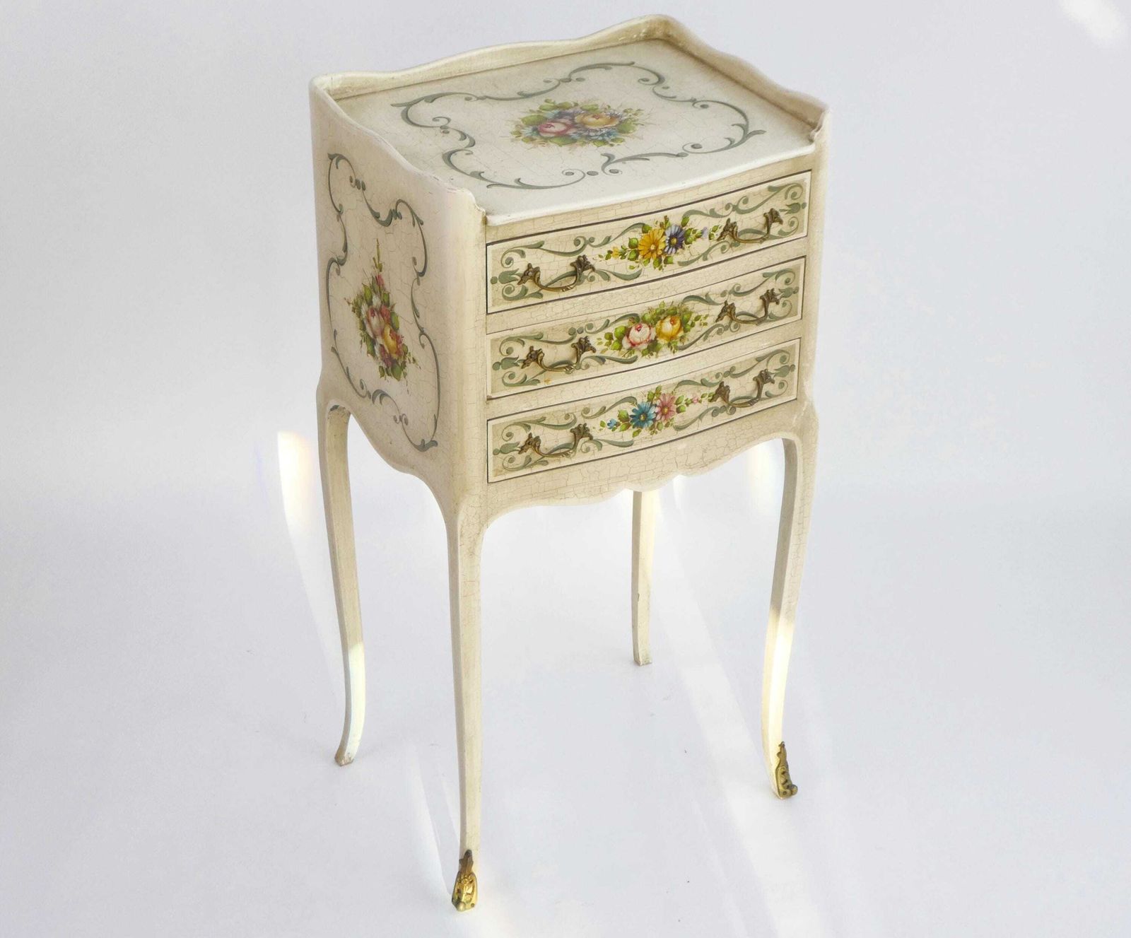 Antique Louis XV Hand Painted Chest Of Drawers, Floral Venetian Nightstand With Drawers, Small Chest photo vinterior