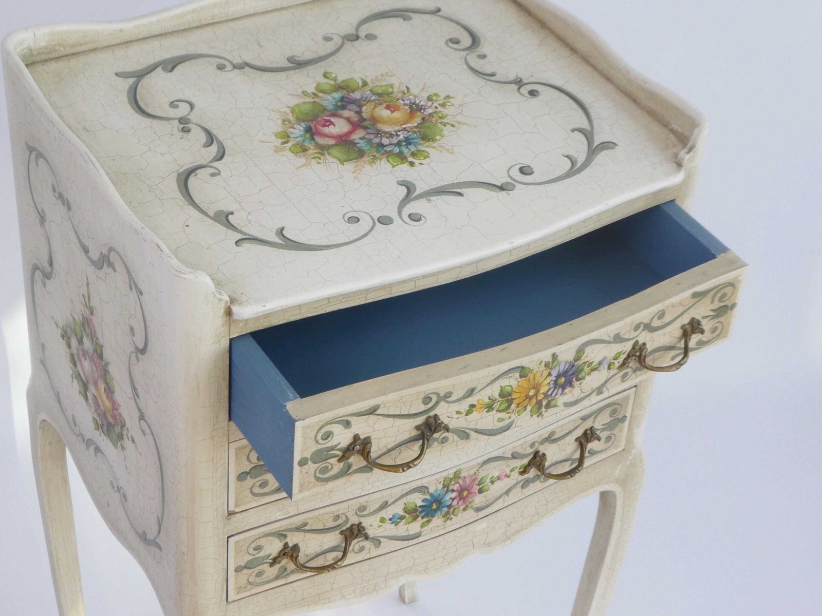photo for sale Antique Louis XV Hand Painted Chest Of Drawers, Floral Venetian Nightstand With Drawers, Small Chest
