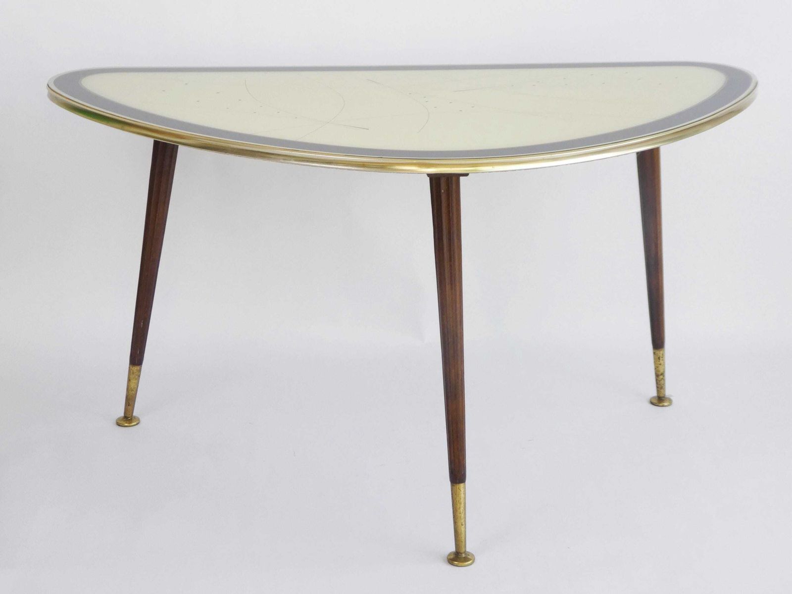 Large Vintage Kidney Shaped Coffee Table, Original Space Age Glass Table With Wooden Legs And Brass Rim photo Furniture