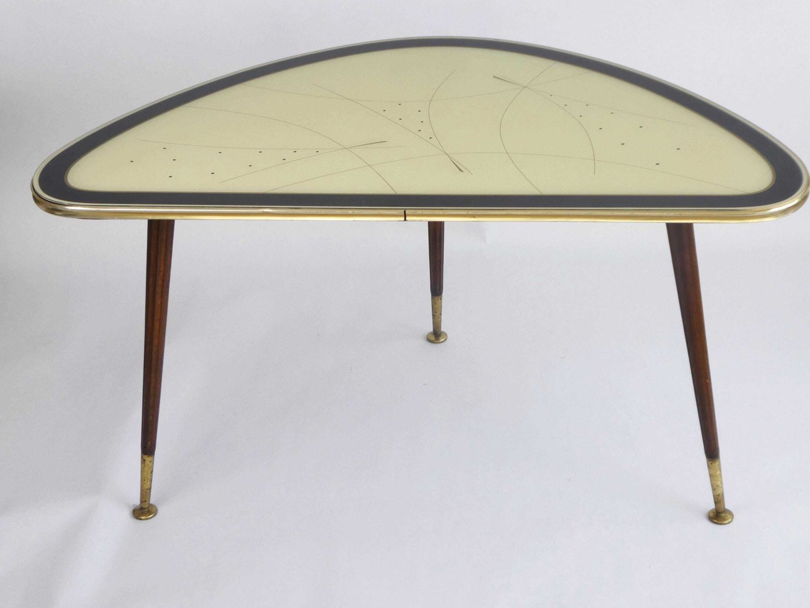 Large Vintage Kidney Shaped Coffee Table, Original Space Age Glass Table With Wooden Legs And Brass Rim photo vinterior