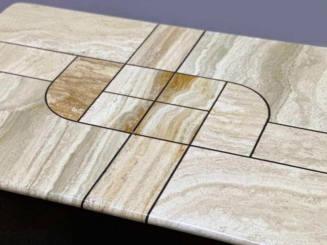 Large 1970s Travertine Stone Coffee Table With Sculptural Inlay Top And Solid Oak Base photo 1308.0