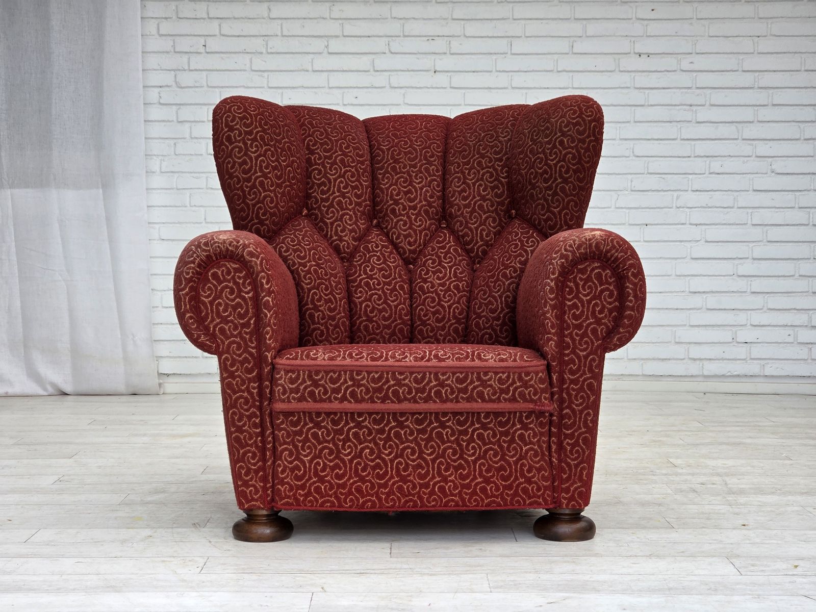1960s, Danish Relax Armchair, Original Red Furniture Wool, Oak Wood Legs. photo furniture