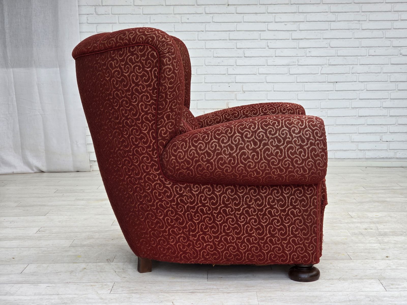 photo furniture 1960s, Danish Relax Armchair, Original Red Furniture Wool, Oak Wood Legs.