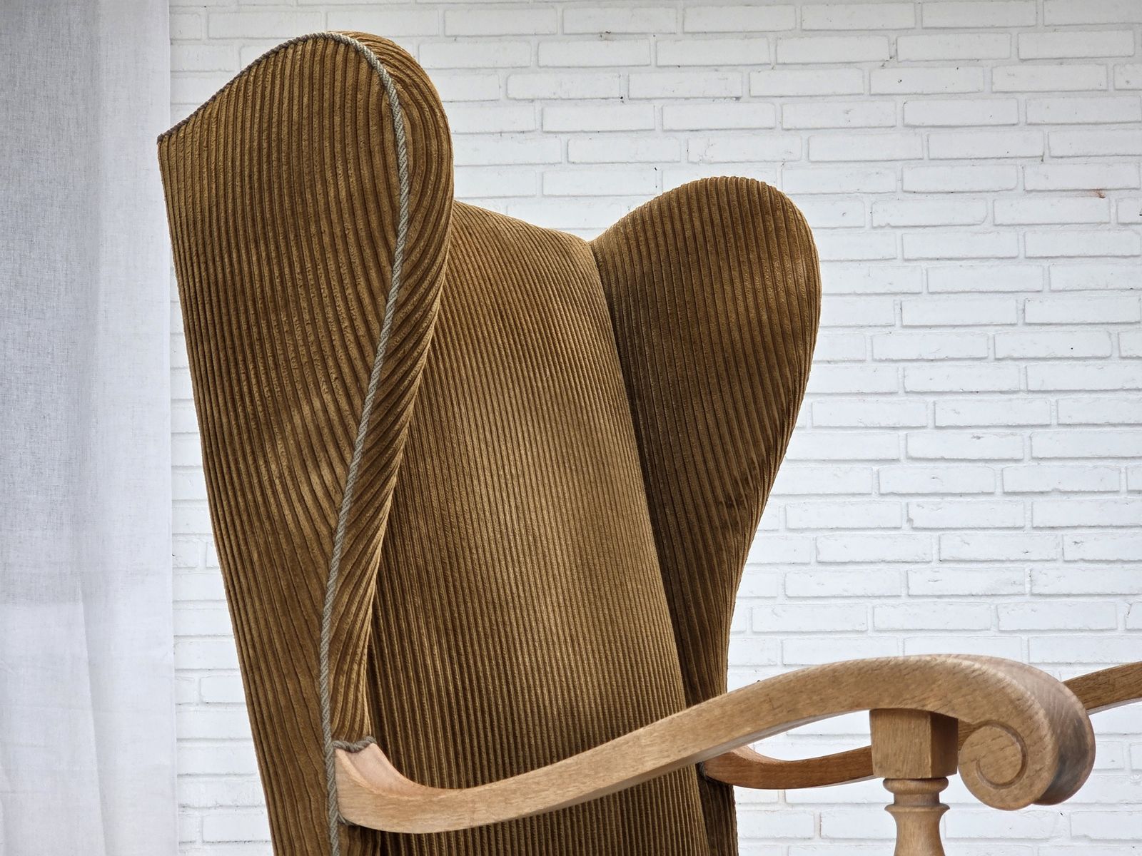1970s, Scandinavian Wingback, Highback Armchair, Furniture Corduroy, Carved Oak Wood. photo 920.0