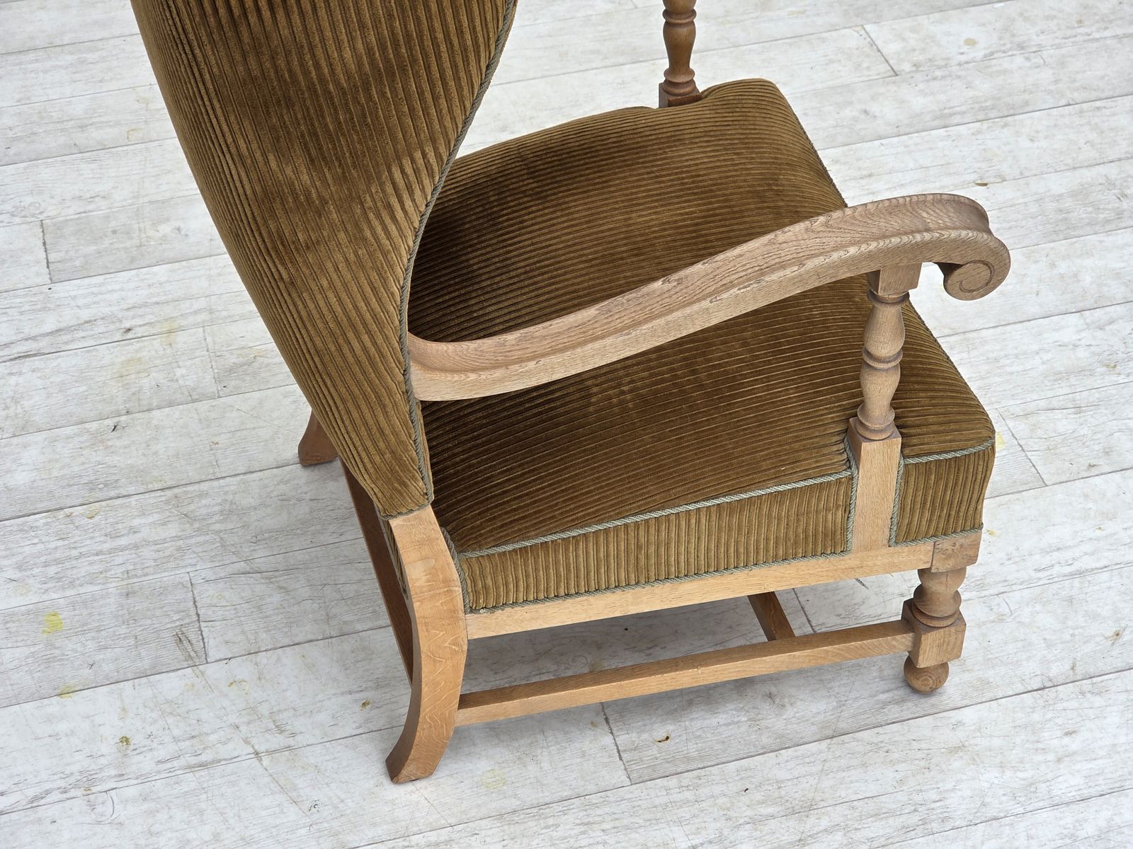 920.0 1970s, Scandinavian Wingback, Highback Armchair, Furniture Corduroy, Carved Oak Wood. photo
