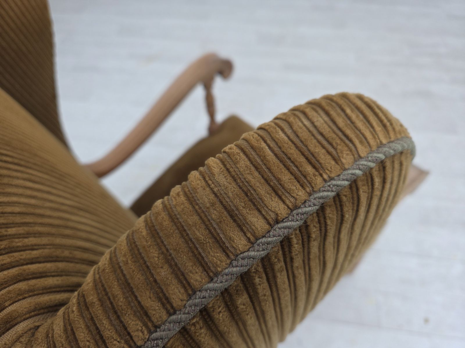 photo buy 1970s, Scandinavian Wingback, Highback Armchair, Furniture Corduroy, Carved Oak Wood.