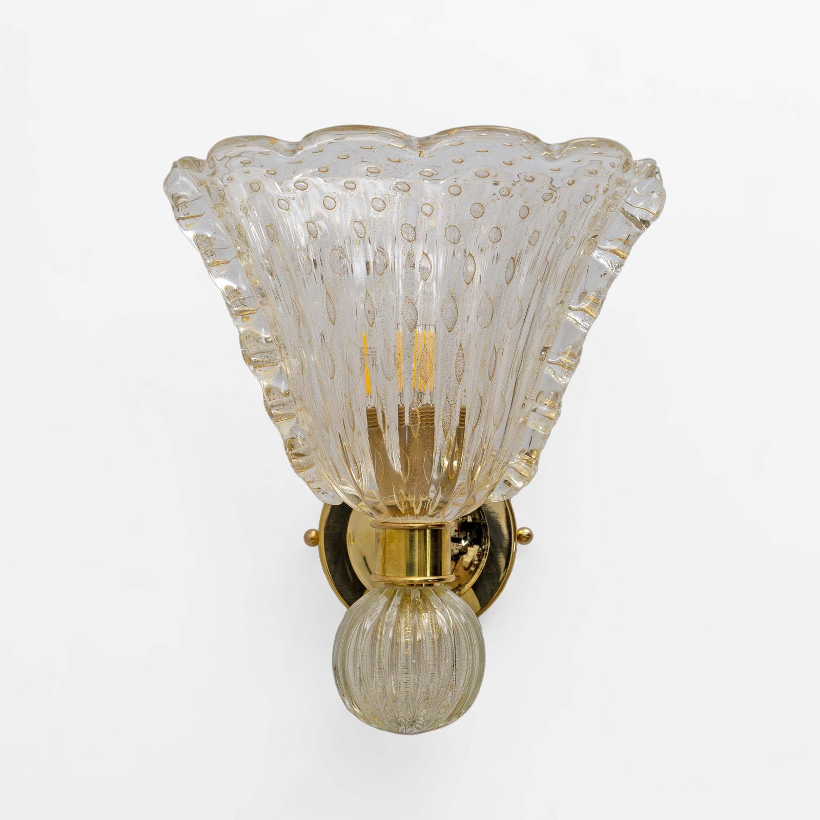 Attributed To Barovier & Toso Brass And Pulegoso Murano Glass Sconces, Pair photo for sale
