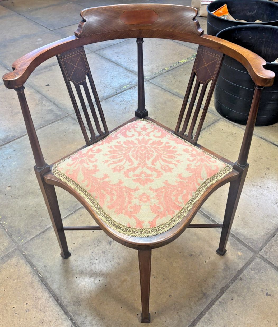 Antique Edwardian Inlaid Mahogany Corner Chair With Reupholstered Cushion Base