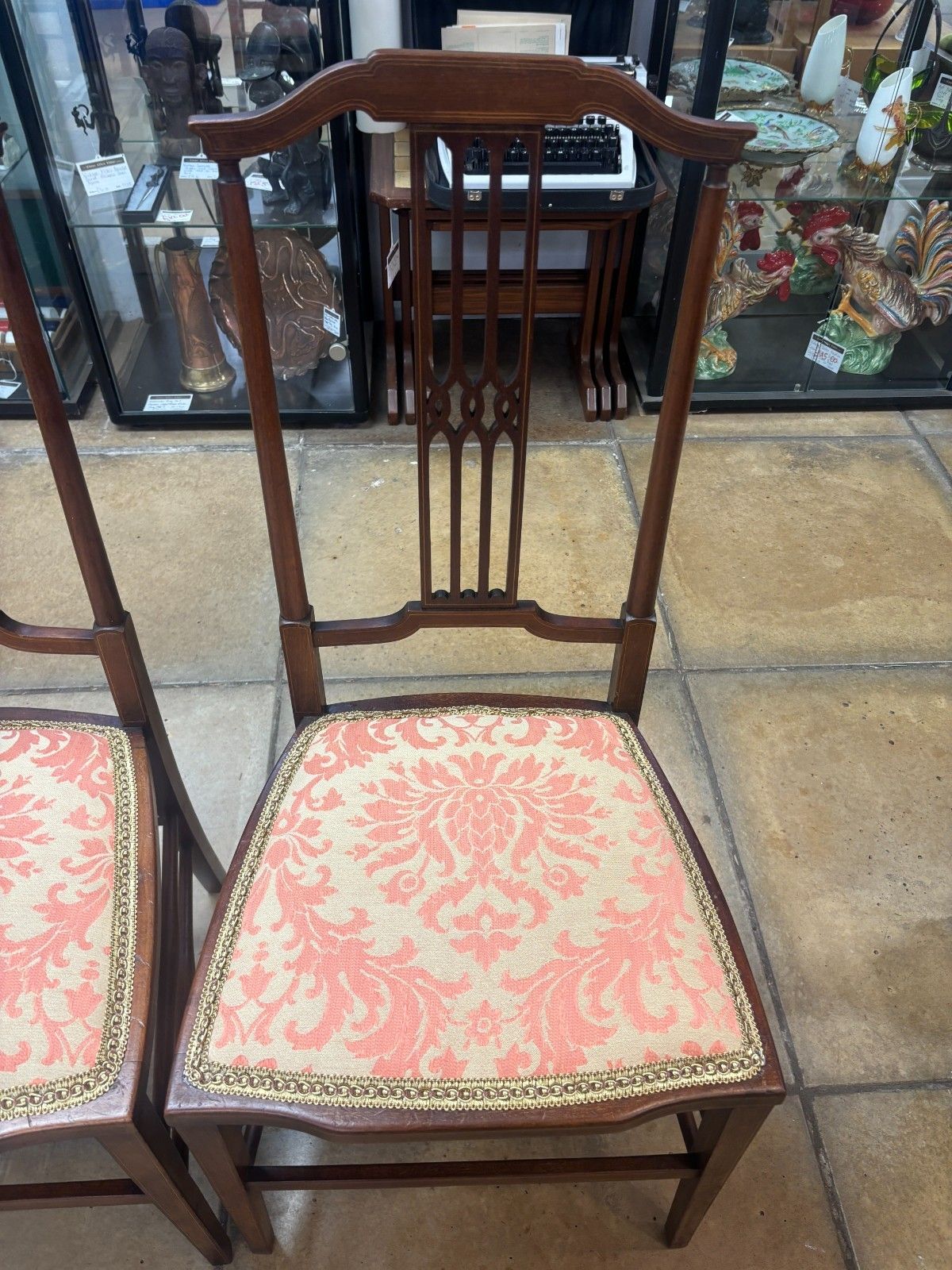 Pair Of Edwardian Mahogany Side Chairs With Reupholstered Cushion Base photo 145.0