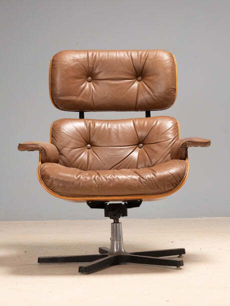 Mid Century Lounge Chair With Ottoman, Leather & Plywood, 1960s photo vintage